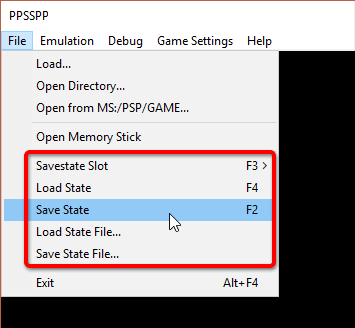 Using the save state feature via the File menu