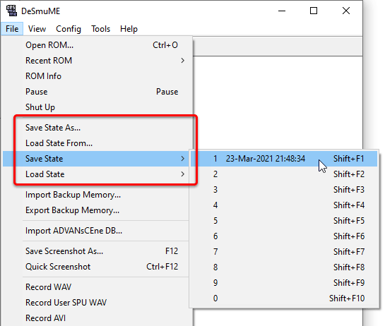 Using the save state feature via the File menu