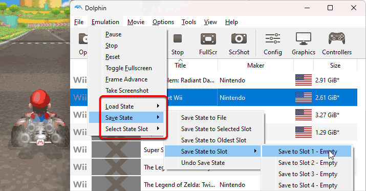 Using the save state feature via the File menu