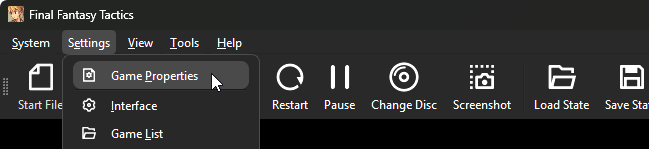 Selecting the Game Properties menu
