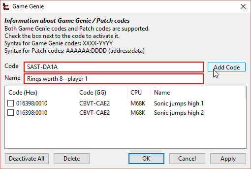 The Game Genie cheats window