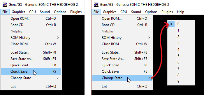 Using the save state feature via the File menu