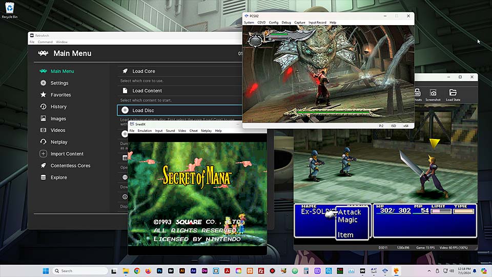 A random assortment of popular video game emulators on a Windows 11 desktop
