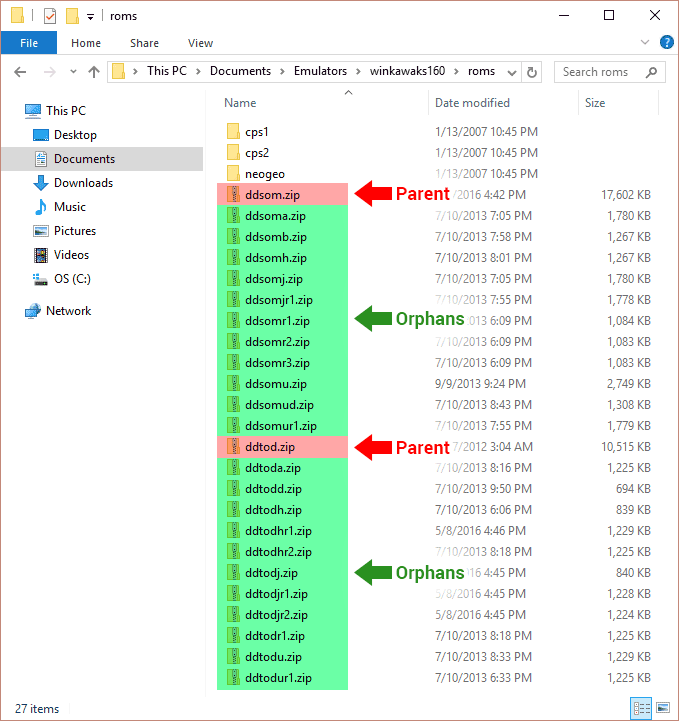 Parent ROMs and Orphan ROMs in Kawaks' roms folder