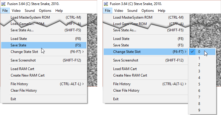 Using the save state feature via the File menu