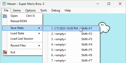 Using the save state feature via the File menu