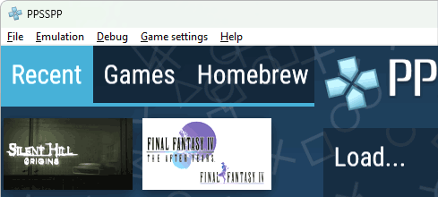 PPSSPP main screen showing icon shortcuts to games