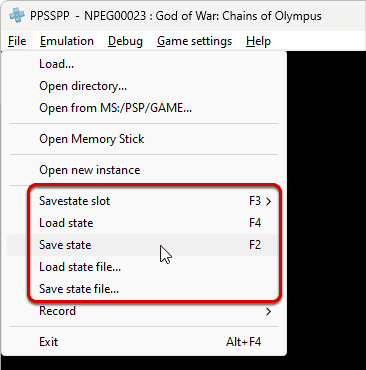 Using the save state feature via the File menu