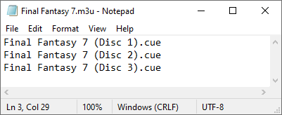 Final Fantasy 7's three discs in an M3U file