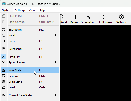 Using the save state feature via the File menu