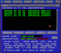 The cheat codes screen