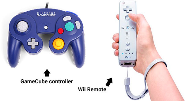 The GameCube controller and Wii remote