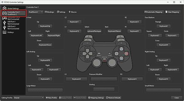 The input configuration for Player 1