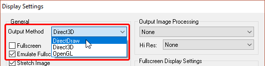 Selecting DirectDraw in the Display Configuration