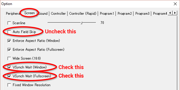 Under the Screen tab, remove the check from Auto Field Skip and add checks to VSynch Wait Window/Fullscreen