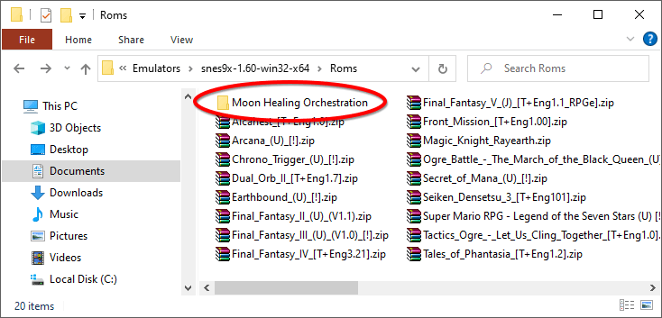Moon Healing Orchestration in Snes9x's 'Roms' folder